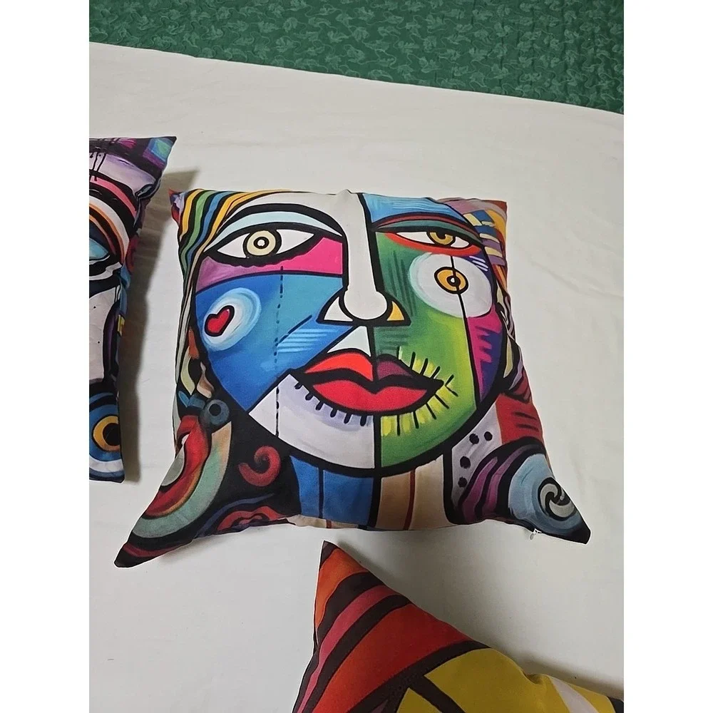 Set‎ Of 4 Pillows 16x16 Throws Faces abstract art pillow in a Picass Style Fun